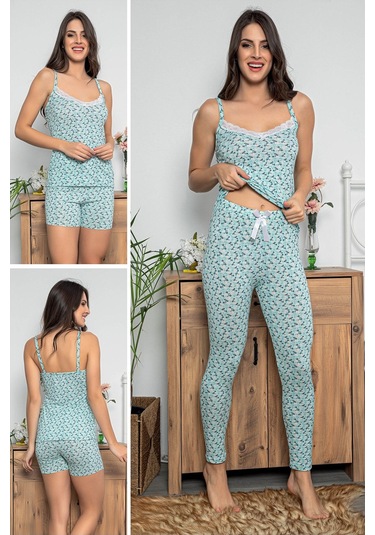 Kadın Çiçek Desenli Dantel Detaylı Şortlu Ve Taytlı Pijama Takımı 3'lü Set 75013 Mint
