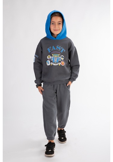 Erkek Çocuk Baskılı Kapşonlu Eşofman Takımı Koyu Gri
