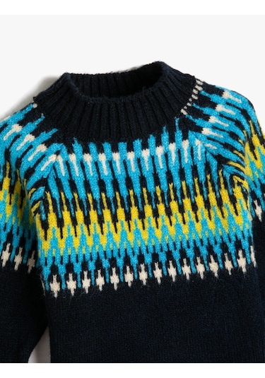 Koton Kazak Örgü Dik Yaka Uzun Kollu Etnik Desenli Multıcolor 3wmb90005ht Mavi