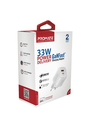 Promate PowerPort-33 33W,Type-C PD , USB Hızlı Şarj Cihazı Beyaz