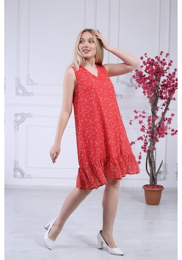 Kadın Büzgü Detaylı V Yaka Midi Boy Emprime Çiçekli Şifon Elbise 001