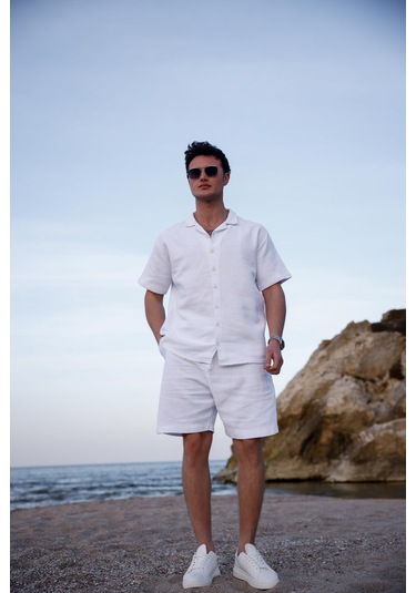 Beyaz Renk Gömlek Şort Erkek Keten Takım-1765 Beyaz