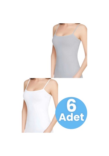 Tezzgelsin Kadın Pamuklu İp Askılı 6'lı Atlet Beyaz - Gri