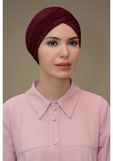 Bordo Pratik Hazır Geçmeli Tesettür Bone Fukuro Piliseli Tek Bant Bordo