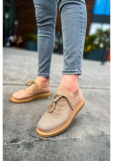 Pabucmarketi Bağcık Detaylı Triko Kumaş Erkek Spor Ayakkabı Taba Çok Renkli