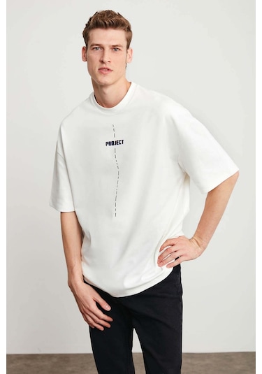 Grimelange Project Erkek Baskı Detaylı Oversize Fit %100 Organik Pamuk Örme Bisiklet Yaka Örme Beyaz T-shirt