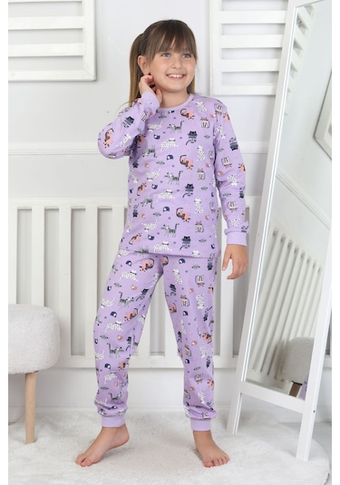 Uzun Kollu Cute Cat Desenli Kız Çocuk Pijama Takımı Mor
