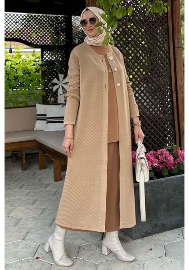 Sinem Çelik Örme Triko Hırka Bej Çok Renkli