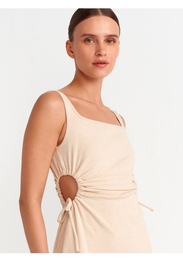 Dilvin Pencere Detaylı Uzun Elbise Bej Melanj