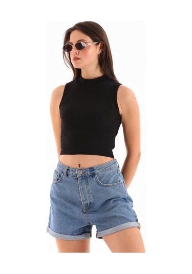 Kadın Likralı Kolsuz Crop Bluz Siyah