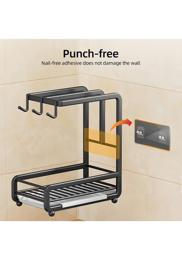 Pazly İşlevsel Mutfak Lavabo Organizatörü, Karbon Çelik, Duvara Monte/tezgah, Havlu Rafları, Sünger Tutucu, Siyah, 28x24,5x14 Cm Siyah