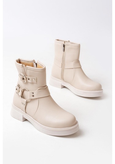 02-2013 Bej Toka Aksesuarlı Fermuarlı Günlük Kadın Bot-bej Bej