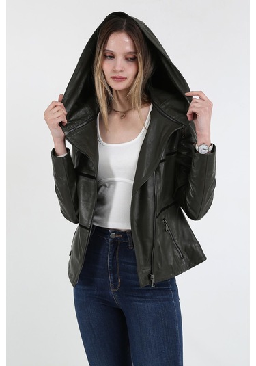 Derinss Dka1125 Hakiki Deri Kadın Yeşil Mont