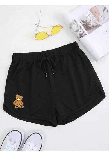 Siyah Ayıcık Bermuda Penye Şort - Kordonlu Baskılı Siyah