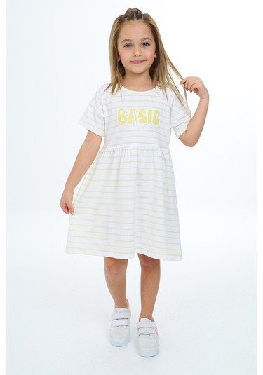 Toontoy Kız Çocuk Çizgili Elbise Açık Sarı