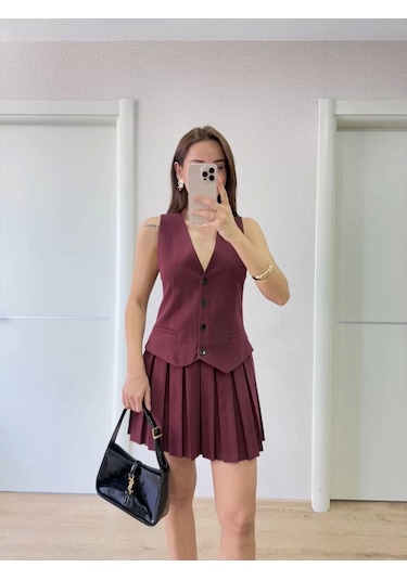 Keten Takım Görünümlü Düğme Detaylı Yelekli Mini Elbise - Bordo Bordo