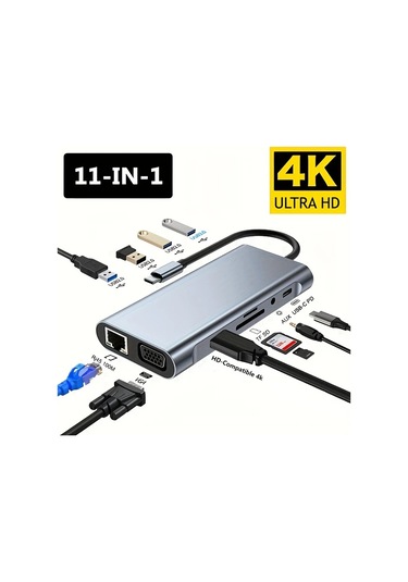 Xuweiwei 11i 1 Arada 11 İn 1 Usb C Hub Hdtv Vga Sd Tf Kart Okuyucu Usb 3 0 2 0 Rj45 Ve Pd 87w Desteği