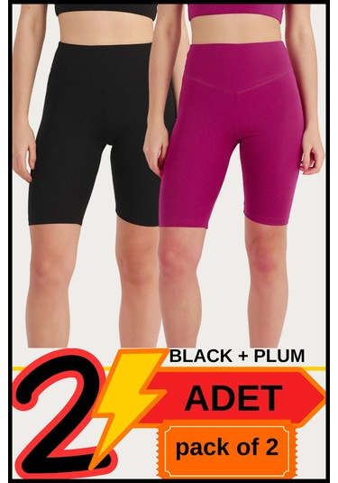 Kadın Yüksek Bel Toparlayıcı Kısa Siyah &mürdüm Şort Tayt 2'li Paket Lycralı Biker Shorts 21077 Siyah - Mürdüm