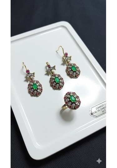 Zümrüt, Lal Ve Zirkon Karışımlı Gümüş 3 Lü Oval Set Bronz