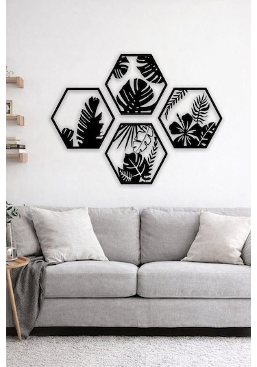 Hexaleaf Tropikal Yaprak Desenli Altıgen Ahşap Duvar Dekoru