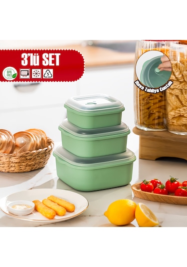 Porsima 5316 Kilitli Sızdırmaz Kapaklı Hava Tahliye Contalı Çok Amaçlı 3lü Kare Erzak Yiyecek Saklama Kabı Seti Yeşil - 500-900-1500ml Yeşil