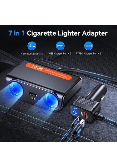 Boatshop1 7si 1 Arada Siyah Sigara Çakma Aparatı 120w 2 Yuvalı Araba Çakmak Pd30w Qc3 Hızlı Şarj Bataryasız