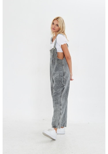 Antrasit Ayarlanabilir Askılı Cepli Oversize Kesim Denim Salopet Antrasit