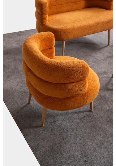 Barel Özel Tasarım Çay Seti, Berjer Ve Puf Ofis Balkon Cafe Bahçe Salon Mobilyası 2 Li Takım Turuncu Turuncu