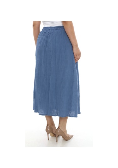 Büyük Beden Kadın Astarlı Müslin Kumaş Düğmeli Cepli Uzun Etek İndigo Mavi