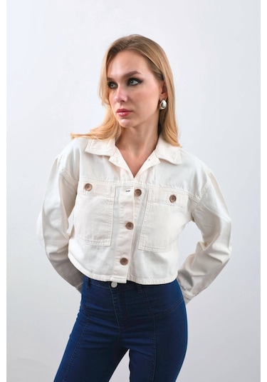 Kadın Ekru Crop Kesim Jean Ceket ekru