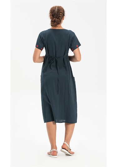 Kısa Kol Şile Bezi Melek Midi Boy Elbise Petrol Ptrl