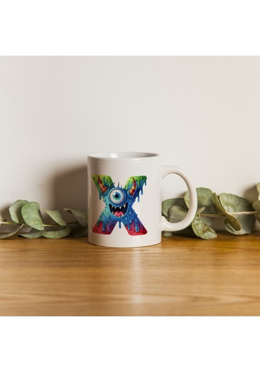 X Harfi Bardak, Sevimli Canavarlar Harflı Bardak Hediyesi Porselen Beyaz