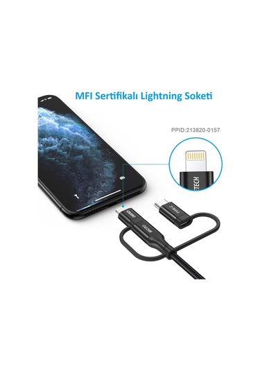 Choetech 3in1 Lightning + Usb-c + Micro Usb Hızlı Şarj Ve Data Kablosu - Mfı Lisanslı - Ip0030 - Siyah