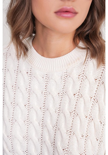 6863 Kadın Saç Örgülü Crop Triko Kazak Naturel Naturel