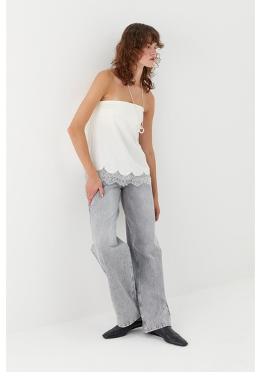 Wide Leg Denim Pantolon Gri Gri