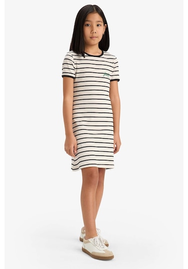 DeFacto Kız Çocuk Bisiklet Yaka Fitilli Kaşkorse Kısa Kollu Çizgili Yazlık Elbise E3830A825SMBK81