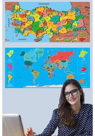 Dekoratif Tablo Eğitici Türkiye Ve Dünya Haritası Çocuk Duvar Sti