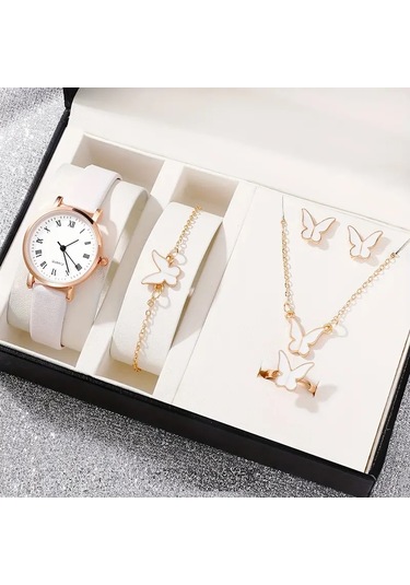 Kadın Saat Ve Bileklik+kolye+küpe+yüzük Seti 6 Parça Altın - Beyaz