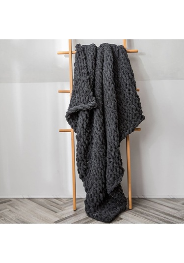 Sones El Yapımı Kalın Yün Örgü Battaniye Kanepe Şönil Çubuk Örgü Battaniye, Boyut: 80 X 100 Cm Koyu Gri