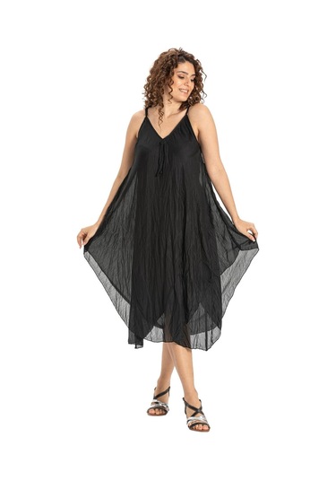 Askılı Vual Afrodit Midi Boy Elbise Siyah 6051 - Kadın Siyah