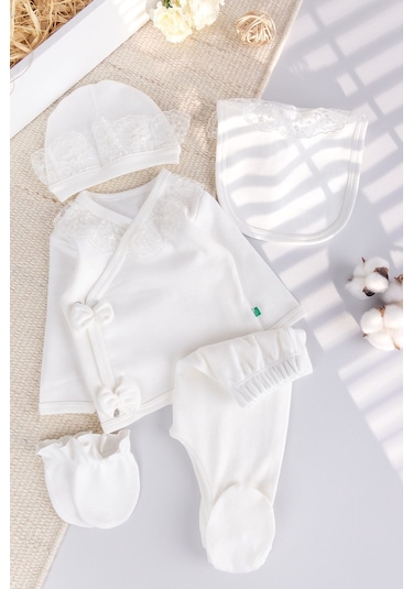 Güpürlü %100 Pamuk 5'li Kız Bebek Hastane Çıkışı Bebek Takım