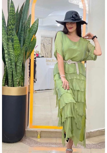 İtalyan 2 Beden İnce Gösteren Yarım Kol Kat Kat Ipek Elbise Fıstık Yeşili