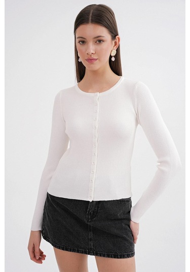 6931 Kadın Düğmeli Fitilli Triko Hırka Beyaz Beyaz