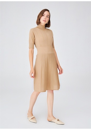 Peraluna Çizgili Yüksek Bel Bol Kesim Triko Etek Camel Melanj Camel