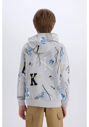 DeFacto Erkek Çocuk Oversize Geniş Kalıp Kapüşonlu Desenli Kalın Sweatshirt D7118A824WNBE417