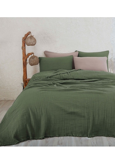%100 Pamuk Müslin Yatak Örtüsü Tek Kişilik 4 Katlı Battaniye 2 Parça Müslin Pike Seti Yeşil Yeşil