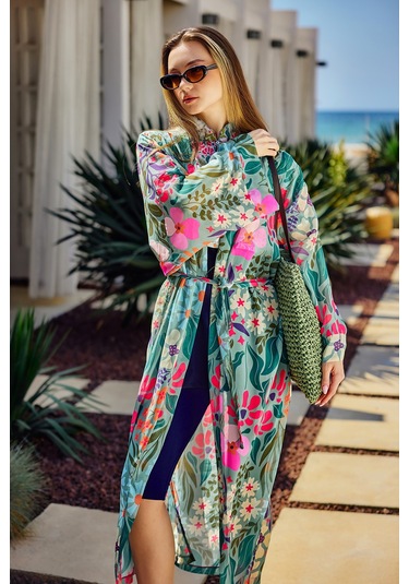 Remsa Tesettür Mayo Üzerine Tek Kaftan Kimono Pareo Yeşil Rp026 Patara Yeşil