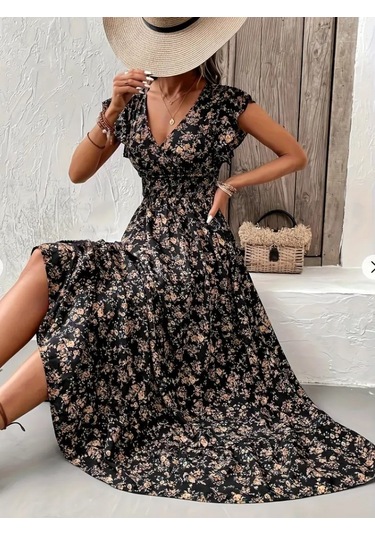 Kadın Kısa Kollu Kruvaze Yaka Beli Lastikli Çiçek Desenli Elbise Siyah