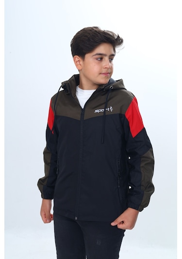 Toontoy Erkek Çocuk Sport Baskılı Kapüşonlu Yağmurluk Siyah