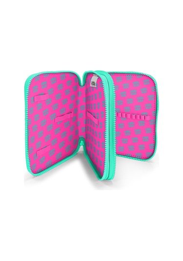 Coral High Kids Neon Pembe Su Yeşili Kalp Desenli Çift Katlı Kalem Çanta 11133 Pembe